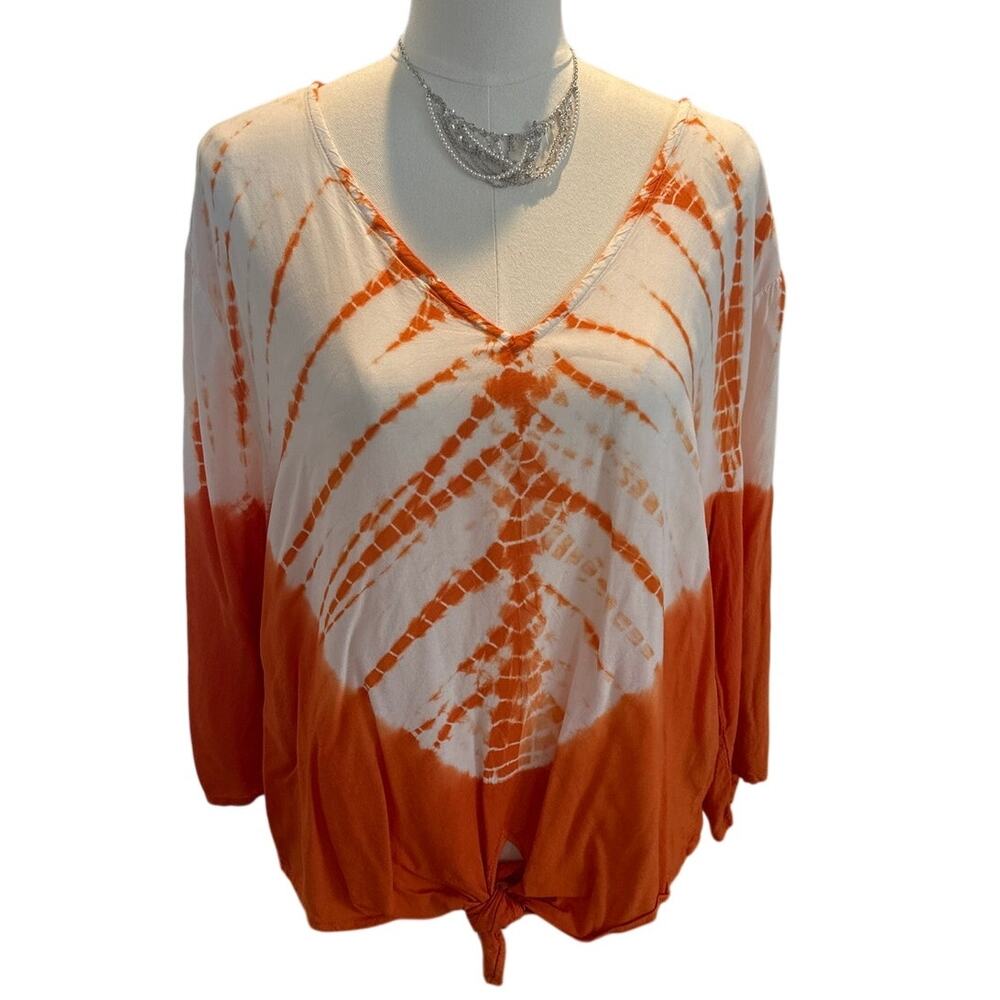 Unique Spectrum Tie‑Dye V‑Neck Blouse Orange White Knot Hem – XL
